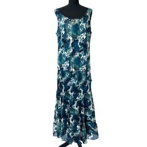 Vintage CJ Banks Teal Floral Tiered Midi Dress Beaded Neckline fairy boho 18W